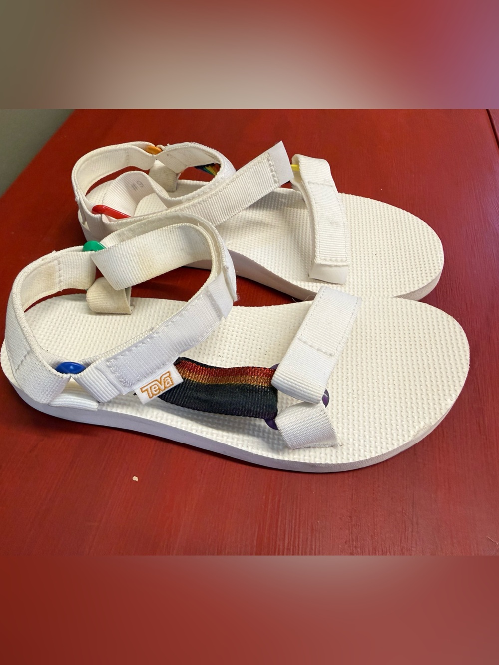 Teva White Sandals with Rainbow Accent